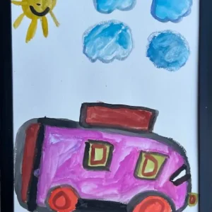 Painting of a pink/purple camping van with four clouds and a smiling sun