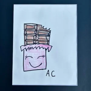 Drawing of a smiling chocolate bar with a pink wrapper