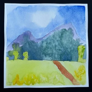 Landscape painting of mountain, trees and a field