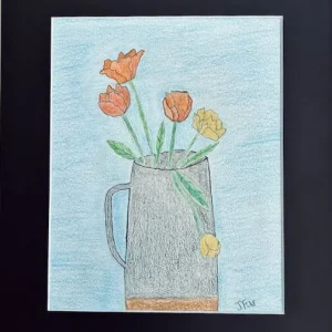 Still life drawing of several flowers in a gray pot with a light blue background